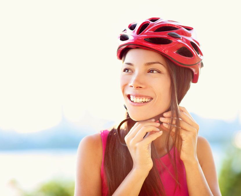 Woman Fastening Helmet Person Fastening Helmet